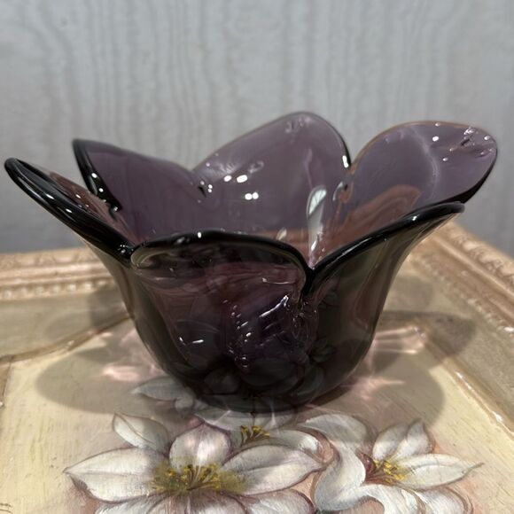 Vintage Handblown Amethyst Purple Murano Glass Tulip Flower Shape Vase Dish - Picture 1 of 12